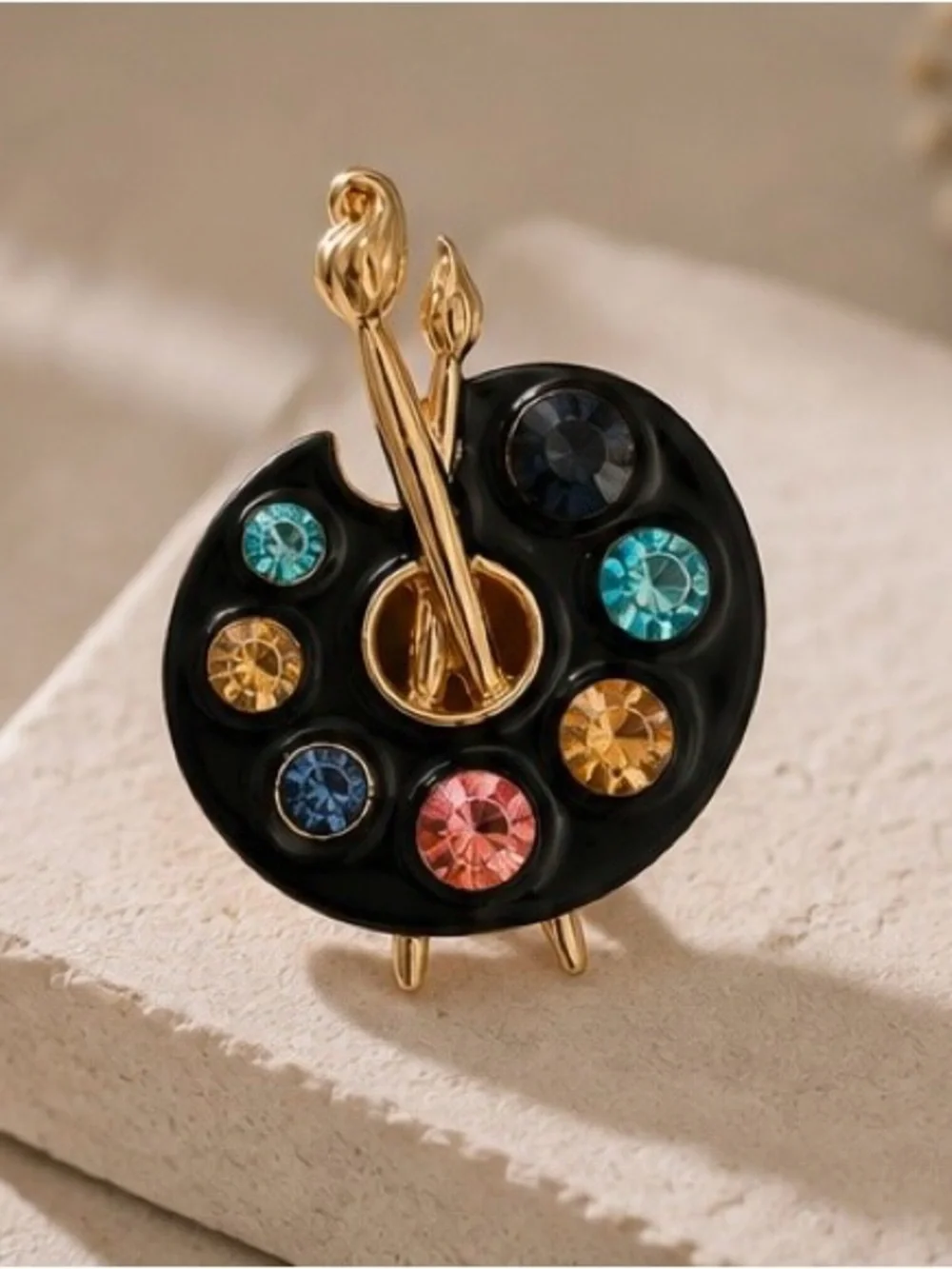 Artist Palette Brooch with Colorful Rhinestone Paintbrush Design